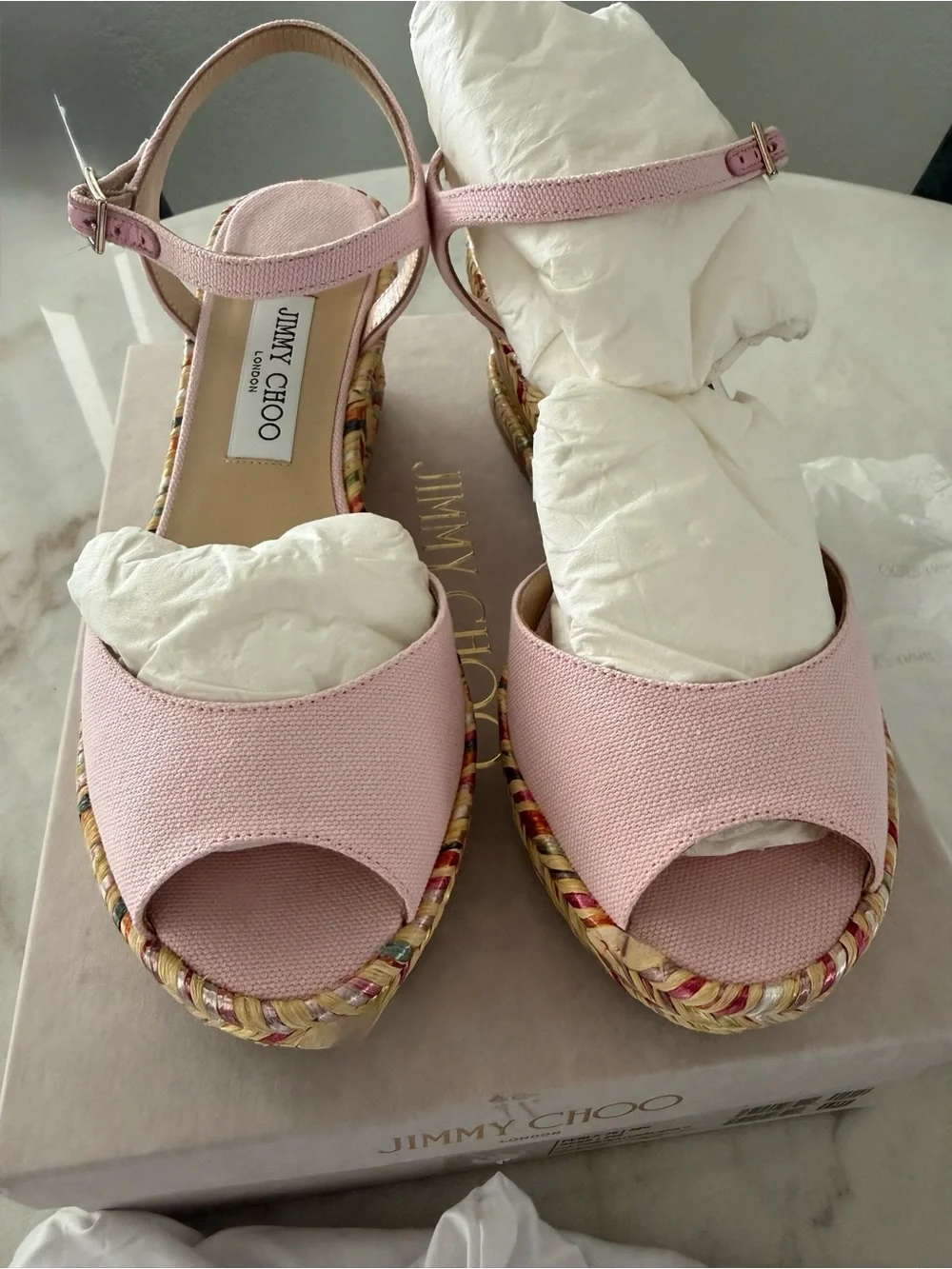 Jimmy Choo Perla 70 Pale Pink Espadrille Wedge Sandals